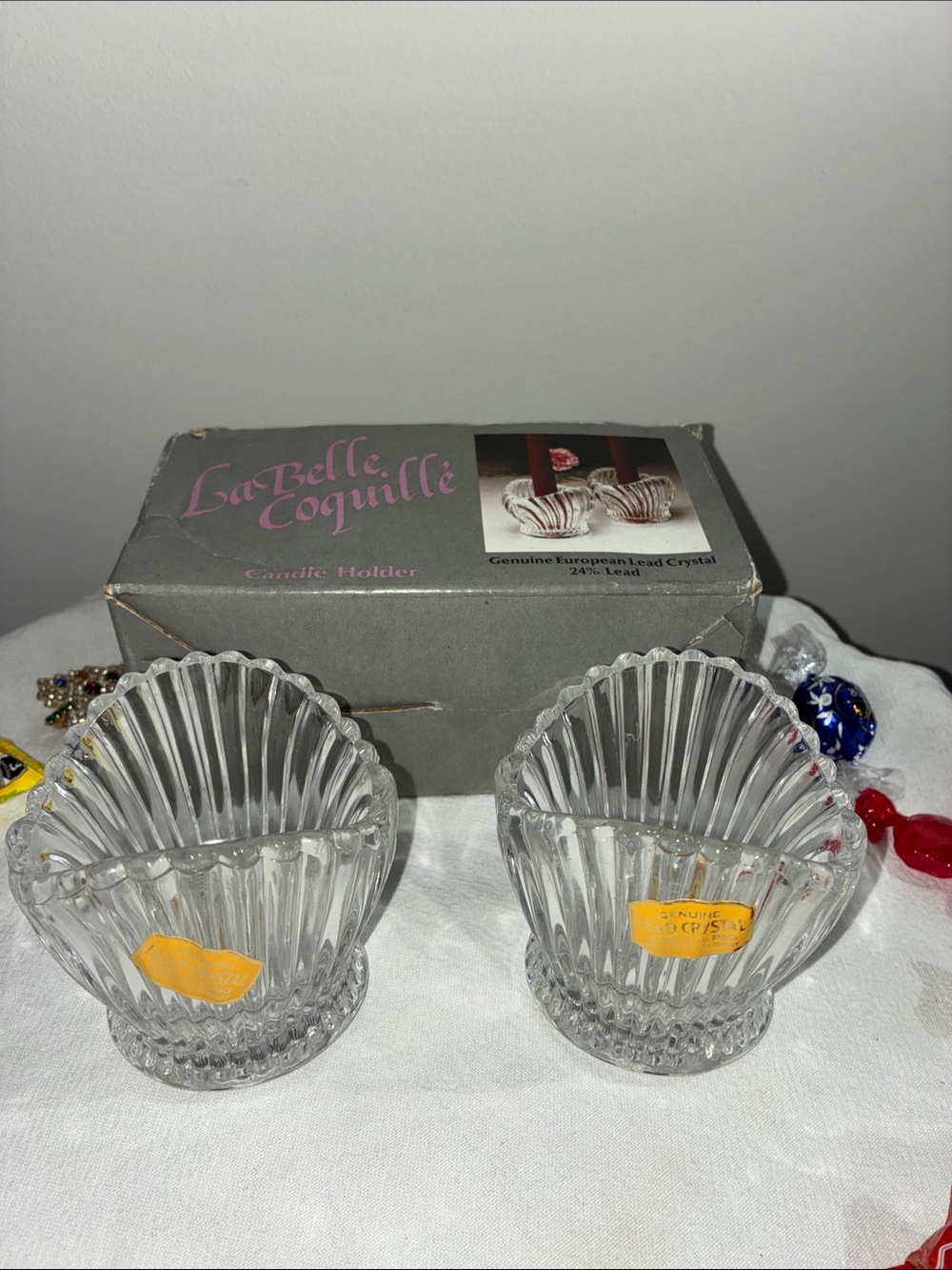 La Belle Coquille Clear Ribbed Shell Crystal Candle Holders - Set of 2